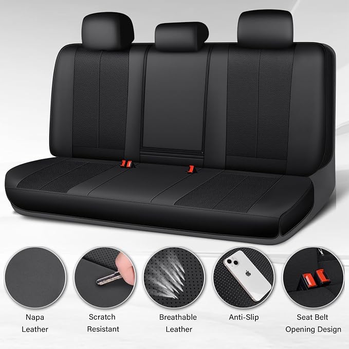 CAR PASS Back Car Seat Covers, Water Resistant Nappa Leather Rear Bench Seat Cover Universal Fit for Cars, SUVs, Vans, Trucks, Automotive Backseat (Rear, Black)