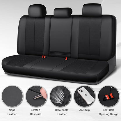 CAR PASS Back Car Seat Covers, Water Resistant Nappa Leather Rear Bench Seat Cover Universal Fit for Cars, SUVs, Vans, Trucks, Automotive Backseat (Rear, Black)