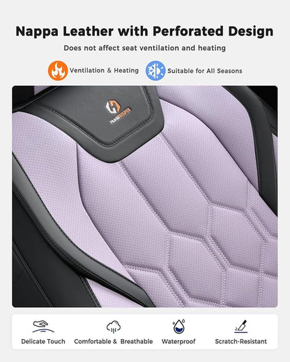 Huidasource Seat Covers Full Set, Universal Fit for Most Cars SUVs Trucks, Full Coverage Leather Seat Cover, Airbag, Cupholder Compatible, Seat Function Retain, Easy Install with Velcro, Black&Purple