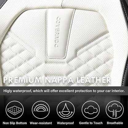 Coverado Leather Seat Covers, Car Seat Covers Full Set, Waterproof Nappa Leather Car Seat Cover, Car Seat Protectors 5 Seats, Black & White Automotive Seat Covers Fit for Most Cars Trucks