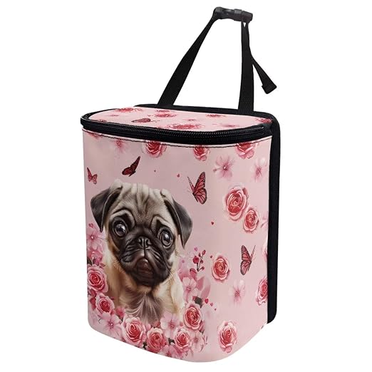 Talayituse Pug Dog Flower Print Car Trash Can, Portable Auto Garbage Bin Multifunctional Vehicle Interior Accessories with Adjustable Straps Universal Fit Truck SUV Sedan