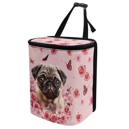 Talayituse Pug Dog Flower Print Car Trash Can, Portable Auto Garbage Bin Multifunctional Vehicle Interior Accessories with Adjustable Straps Universal Fit Truck SUV Sedan