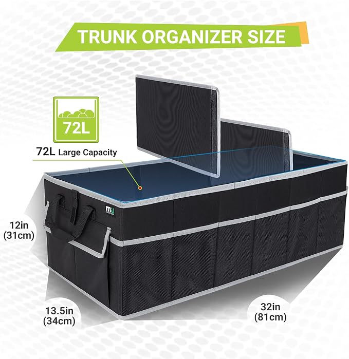 MIU COLOR Trunk Organizer for Car, SUV Trunk Organizer, 12 Pockets, Non-Slip Bottom, Sturdy Oxford Car Organizer for Sedans, Van, Jeep, Grocery, Large 3 Compartments, Black Gray, 32"×13"×10.6"