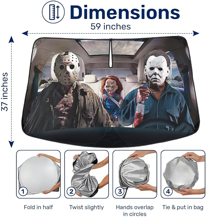 GENANY Horror Movie Character Windshield Sun Shade for Electric Vehicle (59x37 Inches), Automobile Sunshade, Protector Blocks UV, Car Decor