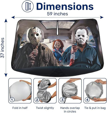 GENANY Horror Movie Character Windshield Sun Shade for Electric Vehicle (59x37 Inches), Automobile Sunshade, Protector Blocks UV, Car Decor