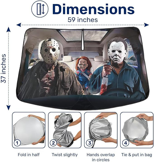 GENANY Horror Movie Character Windshield Sun Shade for Electric Vehicle (59x37 Inches), Automobile Sunshade, Protector Blocks UV, Car Decor