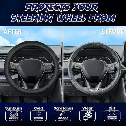 Soft Leather Steering Wheel Cover with Breathable Design and Anti-Slip Grip, Fully Compatible with Tesla, Toyota, Honda, Nissan 14.5-15.2 inch Round Steering Wheel（Sedans and SUVs）