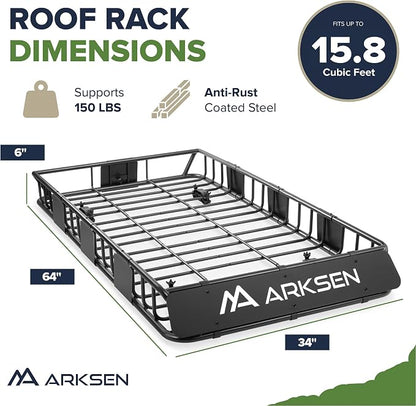ARKSEN 64" x 34" x 6" Roof Rack Cargo Basket with Extension, 150 LBS Universal Heavy Duty Steel Rooftop Carrier for SUV, Truck, RV, Pickup