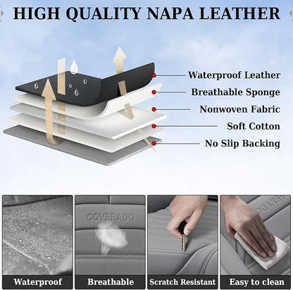 Coverado Car Seat Covers Full Set, Gray Seat Covers for Cars, Automotive Seat Covers, Waterproof Nappa Leather Front Seats and Back Car Seat Protector, Universal Fit for Most Cars SUV Trucks