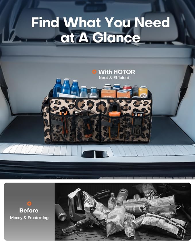 HOTOR Trunk Organizer - Car Organizer, Foldable Trunk organizer for SUVs & Sedans, Sturdy Car Organization for Car Accessories, Tools, Sundries, Leopard, 2 Compartments, 21.3"×12.6"×10.6"