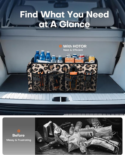 HOTOR Trunk Organizer - Car Organizer, Foldable Trunk organizer for SUVs & Sedans, Sturdy Car Organization for Car Accessories, Tools, Sundries, Leopard, 2 Compartments, 21.3"×12.6"×10.6"