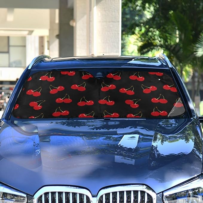 Red Cherry Black Car Windshield Sun Shade Foldable UV Ray Sun Visor Protector Sunshade to Keep Your Vehicle Cool (55" x 27.6")