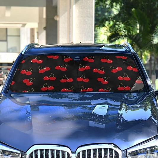 Red Cherry Black Car Windshield Sun Shade Foldable UV Ray Sun Visor Protector Sunshade to Keep Your Vehicle Cool (55" x 27.6")
