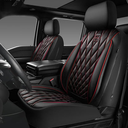 CAR PASS Piping Luxury PU Leather Two Front Car Seat Covers, Waterproof Anti Slip Seat Covers Compatible with Front Seat Armrests,Universal Fit for Suvs,Vans,Trucks,Airbag Compatible(Black and Red)
