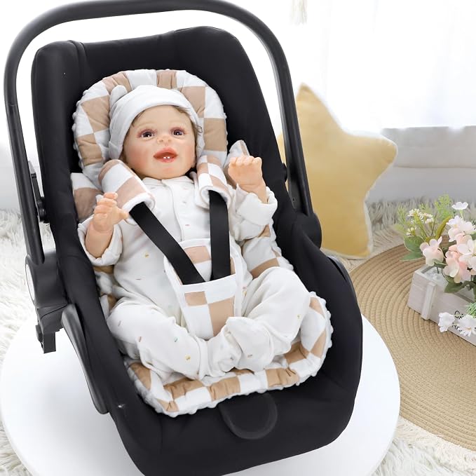 DILIMI Infant Car Seat Insert, Baby Car Seat Head Support with 3 Strap Paddings, Soft Newborn Car Seat Cushion for Stroller, Swing, Bouncers, Brown Checkered