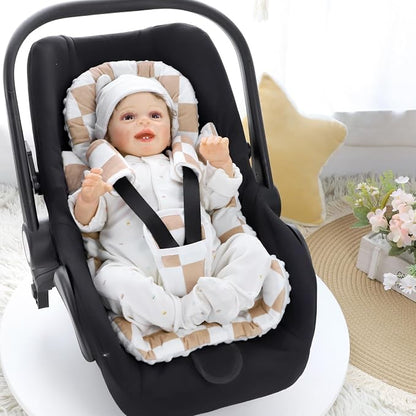 DILIMI Infant Car Seat Insert, Baby Car Seat Head Support with 3 Strap Paddings, Soft Newborn Car Seat Cushion for Stroller, Swing, Bouncers, Brown Checkered