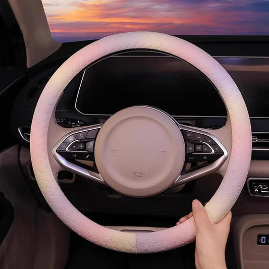 Leather Steering Wheel Cover, Colorful Cute Pink Purple Steering Wheel Cover Non-Slip Breathable Fabric Absorbing Sweat Universal Car Accessories for Women 14.5–15 inch