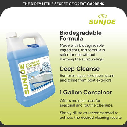 Sun Joe All-Purpose Boat Wash Cleaner for Pressure Washer, Concentrate Formula, Citrus Scent, 1 Gallon - Marine Cleaning Solution for Metal, Wood, Fiberglass, and Exterior Surfaces, SPX-APBW1G