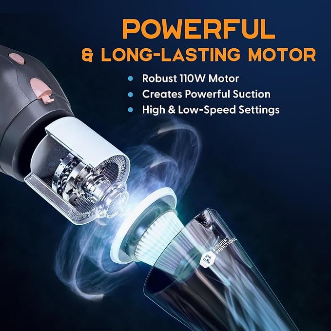 Power Practical Handheld Cordless Vacuum Cleaner, Rechargeable Portable Car Vacuums W/Strong Suction, Bag & Attachments, Small Vac Cleaner for Car, Couch, Home, Car Suction Cleaner