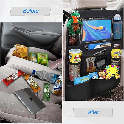 Black Oxford Fabric Car Backseat Storage Caddy, 25 x 19 Inches, 9 Compartments, 11 Inch iPad Holder