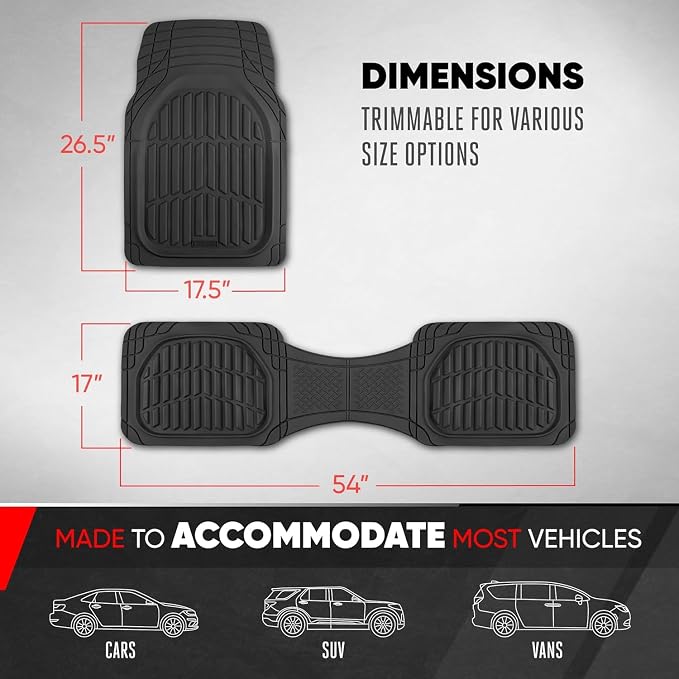 Motor Trend FlexTough LITE Rubber Car Mats Full Set with Cargo Liner - All Weather Floor Mats for Cars & SUVs - Automotive Waterproof Black Car Floor Mats for Cars Accessories Universal Trim-to-Fit