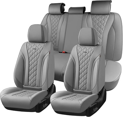 Coverado Leather Seat Covers, Car Seat Covers Full Set, Perforated Diamond Leather Car Seat Cover, Waterproof Car Seat Protector Seat Cushion, Universal 5 Seats Seat Cover Fit for Most Cars, Gray