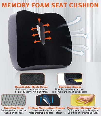 Memory Foam Seat Cushion, Large Office Chair Cushions Chair Pad for Tailbone Sciatica Coccyx Lower Back Pain Relief, Orthopedic Butt Pillow for Desk Chair Car Wheelchair Long Sitting (Black)