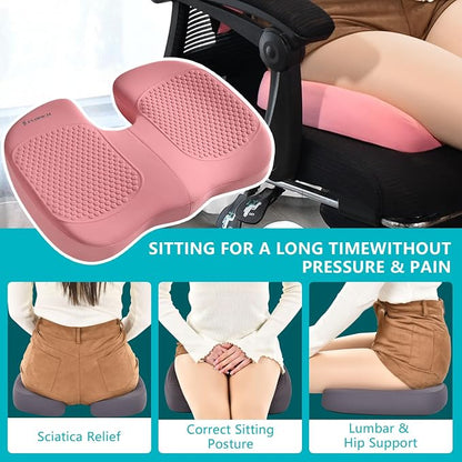 FLORICH 3 PCS Seat Cushion for Carseat Lumbar Support Pillow Car Neck Headrest Pillows Memory Foam Gel Memory Foam Massage Point Seat Pads Pressure Relief Back Cushion for Office Chair(Pink)