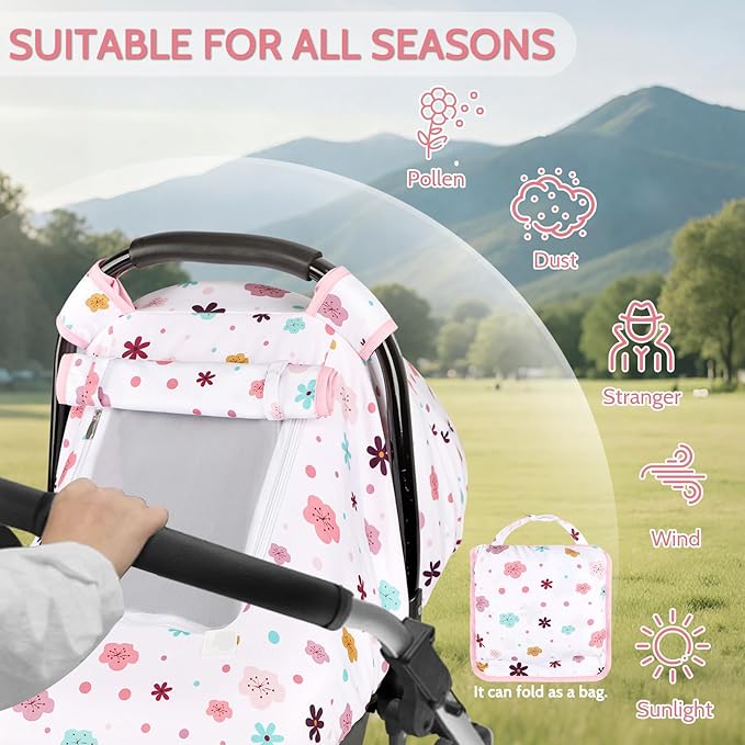 Pea Pod Car Seat Cover Baby, Infant Car Seat Canopy Covers with 2 Layers Windows of Breathable Mesh Fabric, Lightweight Polyester, Soft Minky Dot Backing (Floral Pattern)