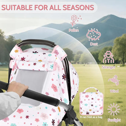 Pea Pod Car Seat Cover Baby, Infant Car Seat Canopy Covers with 2 Layers Windows of Breathable Mesh Fabric, Lightweight Polyester, Soft Minky Dot Backing (Floral Pattern)