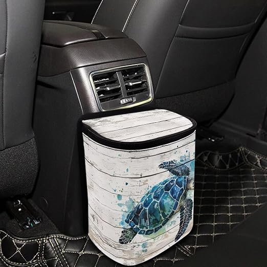 Talayituse Watercolor Turtle Wood Print Car Trash Bin, Large Size Auto Trash Can Adjustable Portable Garbage Can with Lid, Vehicle Hanging Bag for Headrest Front Back Seat