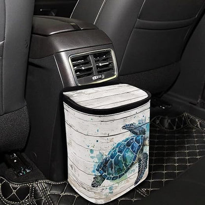 Talayituse Watercolor Turtle Wood Print Car Trash Bin, Large Size Auto Trash Can Adjustable Portable Garbage Can with Lid, Vehicle Hanging Bag for Headrest Front Back Seat