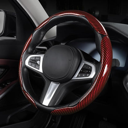 Carbon Fiber Steering Wheel Cover, Snap on Car Steering Wheel Cover Set Accessories 3pcs Wrap Grip Non Slip Protector Universal Glossy Red