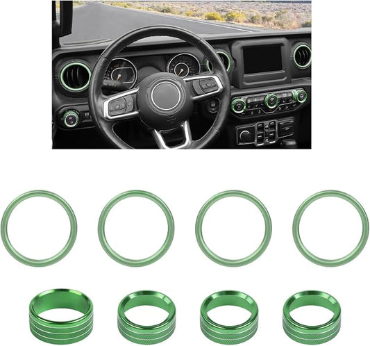 JWWY JL AC Air Vent Trim Rings & Dashboard Headlight Switch Decor Switch Knob Cover Kit Fit for 2018-2023 Jeep Wrangler JL JLU Interior Accessories, Aluminum Alloy 8PCS Green