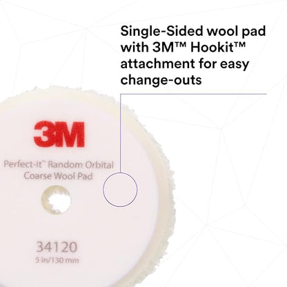 3M Perfect-It Random Orbital Coarse Wool Compounding Pad, 5"/130 mm, White, 34120, Orbital Pads for Automotive Compounding and Polishing