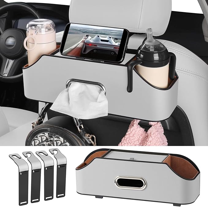 Car Rear Backseat Extra Multifunctional Drink Cup Holder Organizers with Tissue Storage Box Organizer & Hooks for Car Seat Back (Gray)