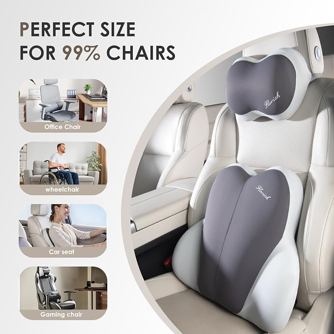 FLORICH Lumbar Support with Car headrest Back Pillow for Chairs Headrest Pillow for Car Ergonomic Ultrathick Memory Foam Back Pillow for Office Chair-Dark Beige Grey