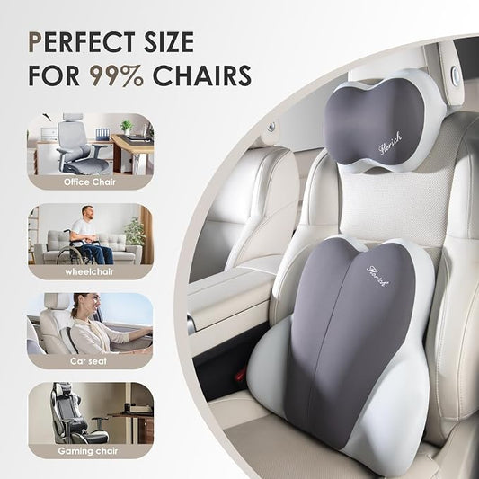 FLORICH Lumbar Support with Car headrest Back Pillow for Chairs Headrest Pillow for Car Ergonomic Ultrathick Memory Foam Back Pillow for Office Chair-Dark Beige Grey