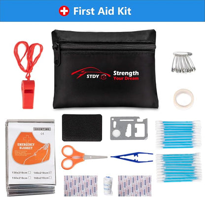 STDY Car Roadside Emergency Kit, Vehicle Truck Safety Road Side Assistance Kits Auto Accessory, with Jumper Cables, Tow Rope, Reflective Triangle, Tire Pressure Gauge, etc