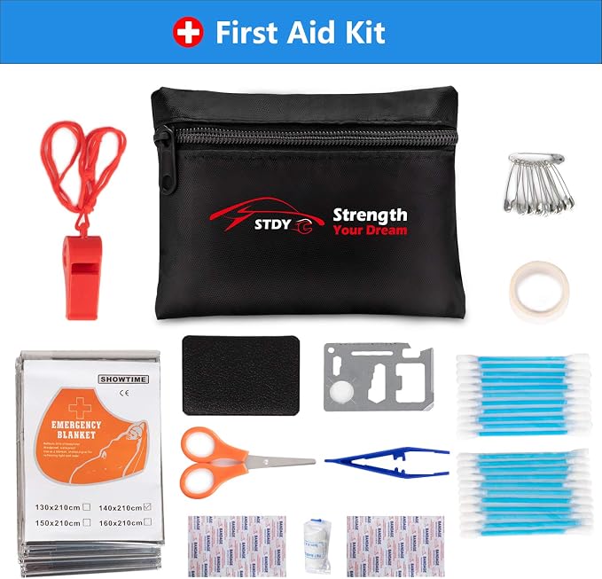STDY Car Roadside Emergency Kit, Vehicle Truck Safety Road Side Assistance Kits Auto Accessory, with Jumper Cables, Portable Air Compressor, etc