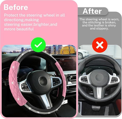Steering Wheel Cover，with Diamond Crystal Rhinestone,Delicate and Anti-Slip Bling Steering Wheel Cover ，Adaptable to 14.5-15 inches Car Wheel Protector for Women Girl ，Black & Pink