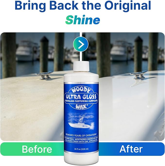Woody Wax Ultra Gloss Restoring Compound, Professional-Grade Fiberglass Restoration & Oxidation Remover for Boats & Yachts, Diminishing Micro-Abrasive Formula for High Gloss Gel Coat Finish, 16 oz