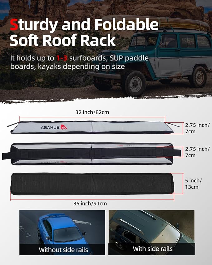 Abahub Soft Roof Rack Pads with 2 Tie Down Straps, 2 Tie Down Ropes, 2 Hood Loops and Storage Bag, for Surfboard, Kayak, Canoe, Heavy Duty Universal Car Roof Racks System