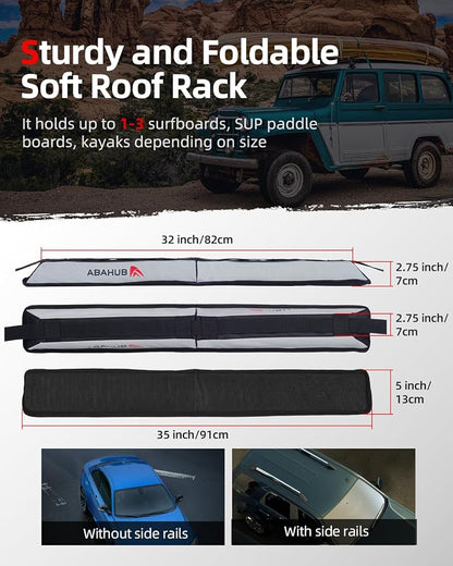 Abahub Soft Roof Rack Pads with 2 Tie Down Straps, 2 Tie Down Ropes, 2 Hood Loops and Storage Bag, for Surfboard, Kayak, Canoe, Heavy Duty Universal Car Roof Racks System