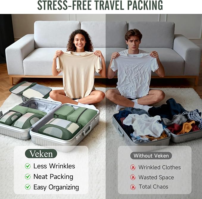 Veken 8 Set Packing Cubes for Travel Essentials,Anti-Wrinkle Buckled Suitcase Organizer for Shoe & Toiletry Bag,Carry On Luggage Bag with 99+ Count Mesh Holes for Airplane & College Dorm Accessories