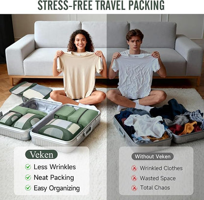 Veken 8 Set Packing Cubes for Travel Essentials,Anti-Wrinkle Buckled Suitcase Organizer for Shoe & Toiletry Bag,Carry On Luggage Bag with 99+ Count Mesh Holes for Airplane & College Dorm Accessories
