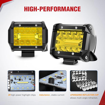 Nilight 4 Inch Yellow LED Light Pods 2PCS Triple Row 60W Flood Spot Combo Offroad Driving Fog Lighting for 12V 24V Pickup Truck ATV UTV SUV