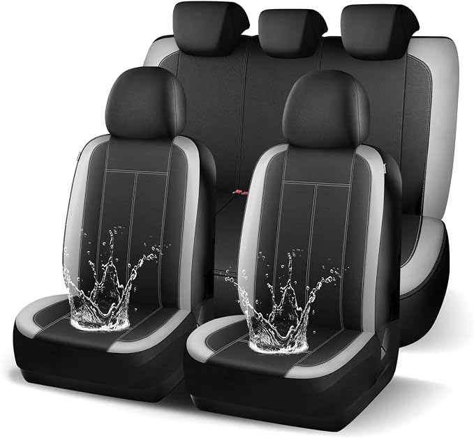 HChengkikz Car Seat Covers Full Set, Waterproof Neoprene Car seat Covers, Airbag Compatibable, All Season Protection Universal for Most Cars, Trucks, SUVs (Black + LightGray)