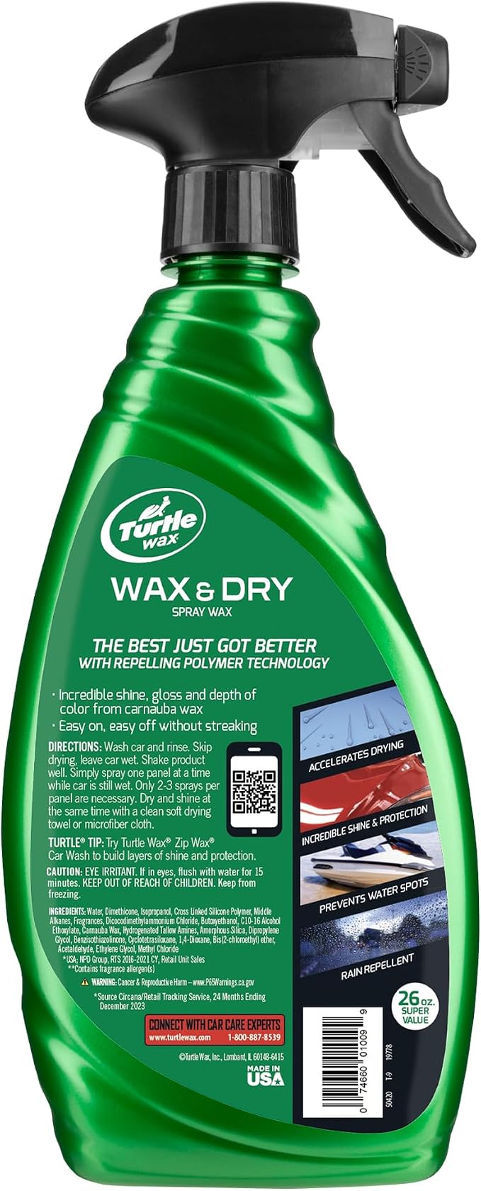 Turtle Wax Wax & Dry, Spray On Car Wax for 1-Step High Gloss Shine, Protection For Paint, Wheels, Glass & More, Easy Versatile Application, Wet or Dry Use, 26 oz (Pack of 1)