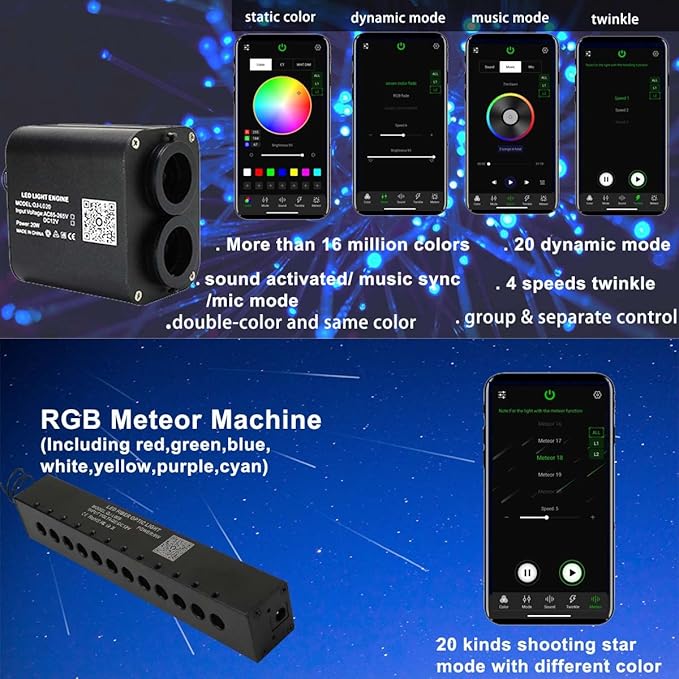 AZIMOM Dual Color 20w Twinkle Fiber Optic Starlight Headliner Kits 900pcs 0.03in 9.8ft, RGB Meteor Shooting Star, Sound Activated Remote APP Control Home Car Ceiling Décor